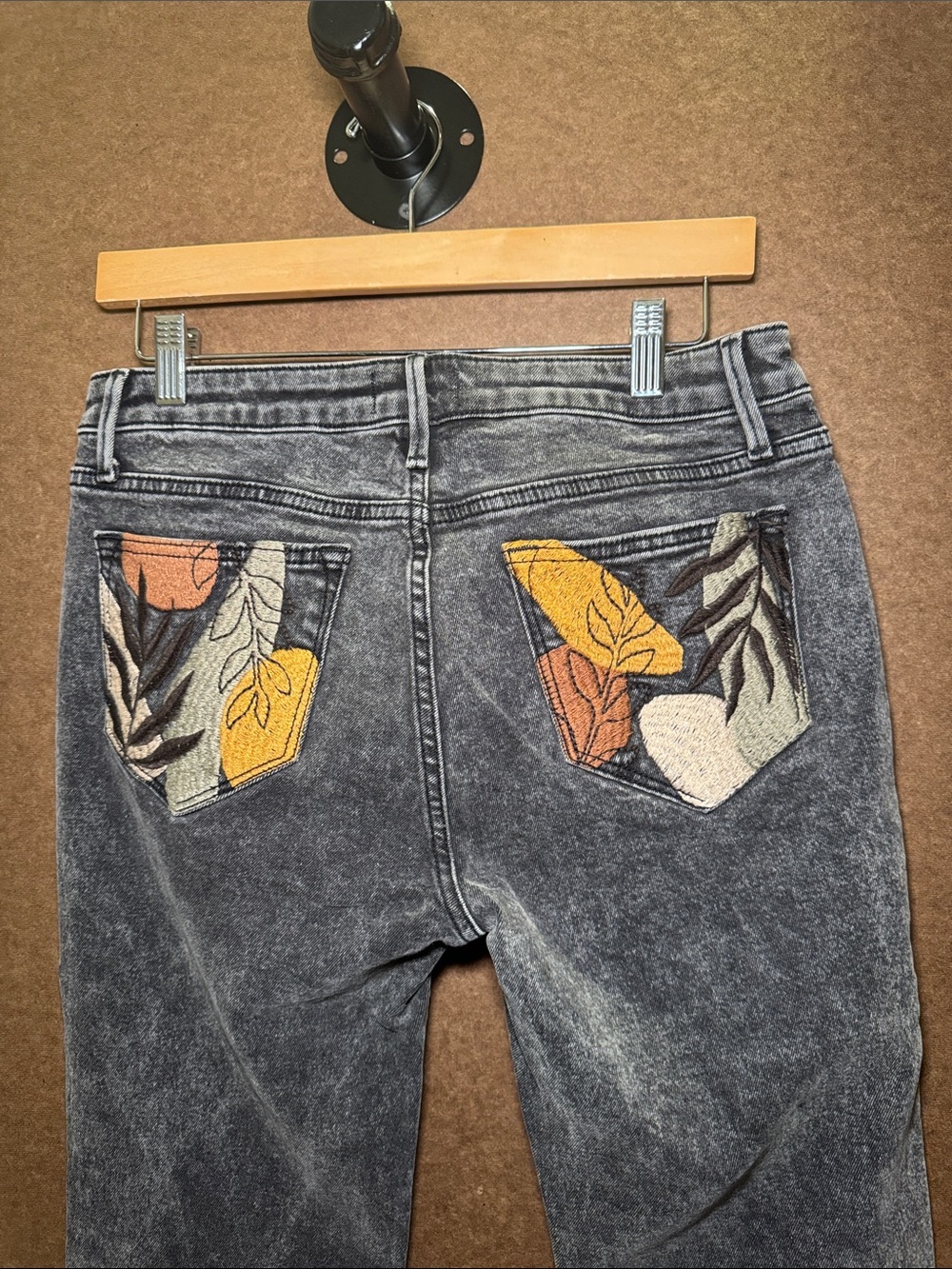 DRIFTWOOD Washed Black Straight Leg Jeans with Floral Patch Pockets - Picture 5 of 5